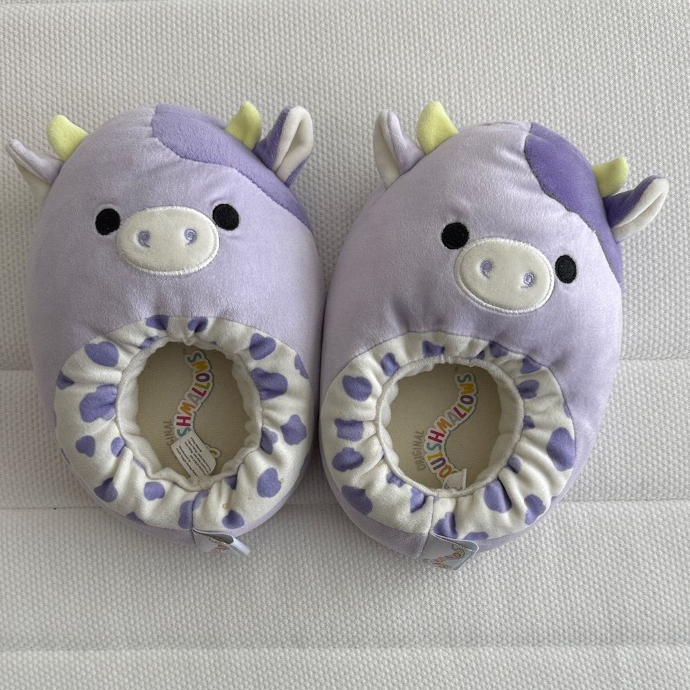 Squishmallows Lavender Cow Plush Baby Slippers with Yellow Horns